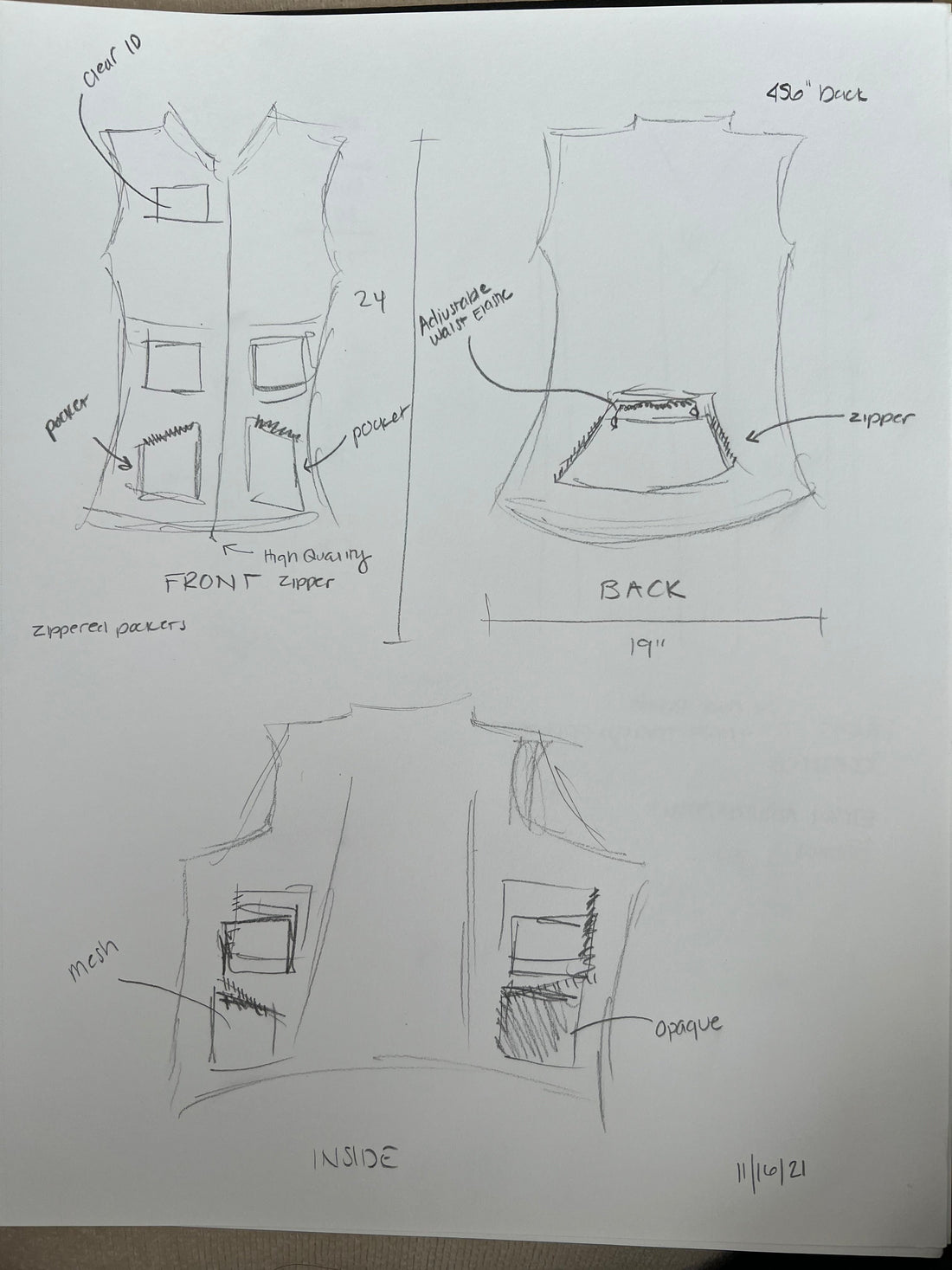 Pencil sketch of an early ARX vest design dated 11/16/21, showing three views: front, back, and inside.