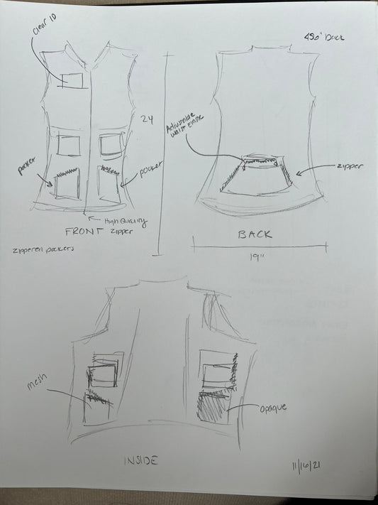 Pencil sketch of an early ARX vest design dated 11/16/21, showing three views: front, back, and inside.