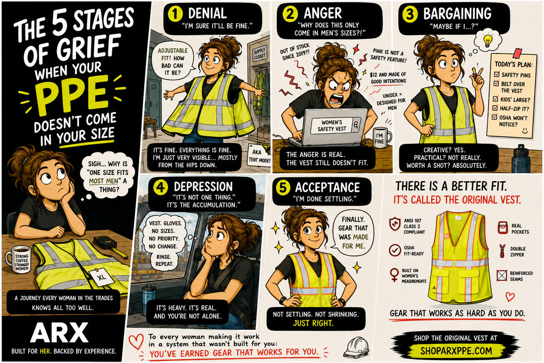 Comic showing the five stages of grief women experience when PPE does not fit properly, ending with the ARX Original Vest as a women-specific PPE solution