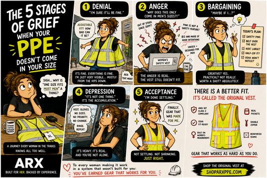 Comic showing the five stages of grief women experience when PPE does not fit properly, ending with the ARX Original Vest as a women-specific PPE solution