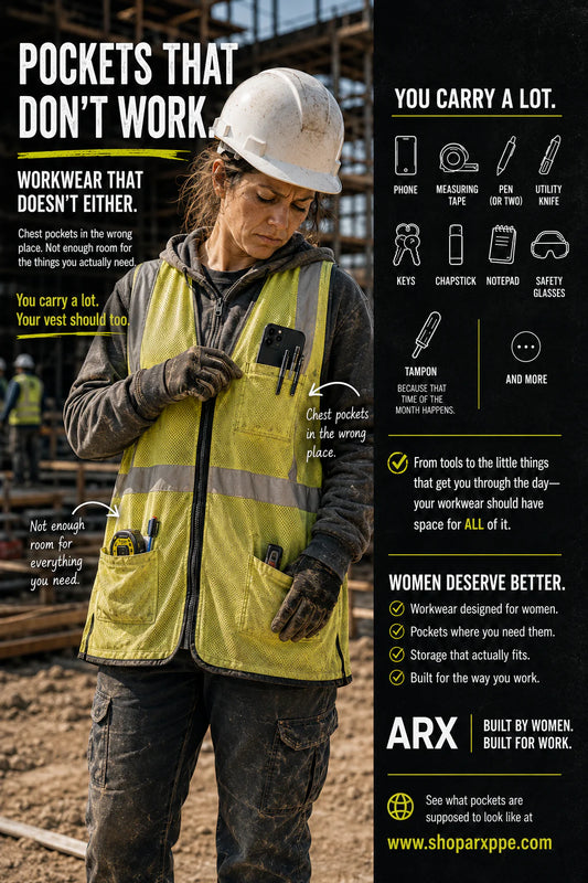 Female construction worker wearing a safety vest with a poorly placed chest pocket that does not fit essential jobsite items, illustrating common storage and fit problems in women’s workwear