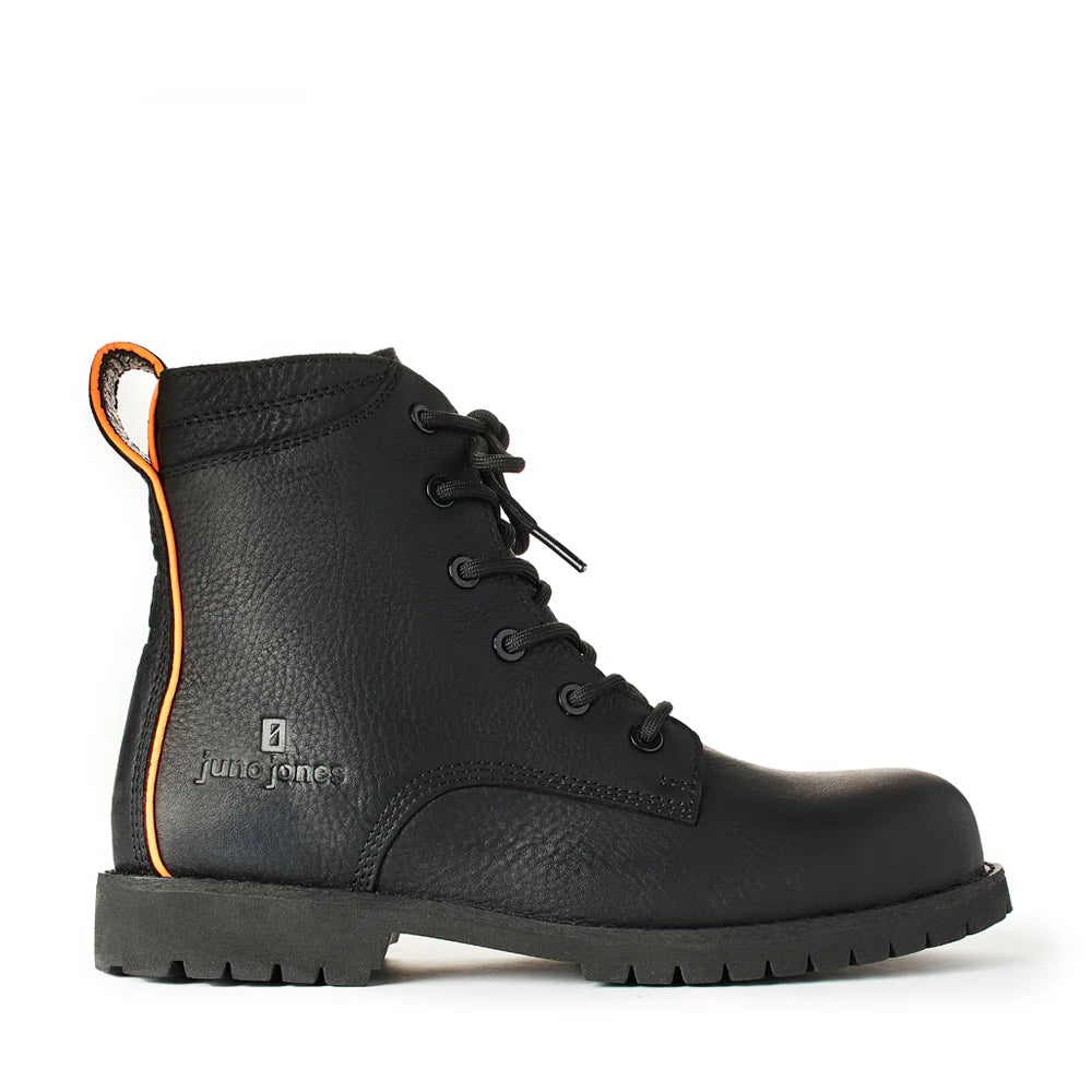 Women’s Leeza composite toe work boots in black full-grain leather with slip resistant outsole and orange pull tab side