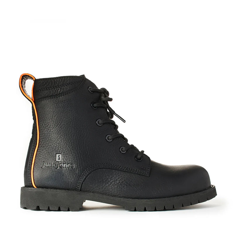 Women’s Leeza composite toe work boots in black full-grain leather with slip resistant outsole and orange pull tab side